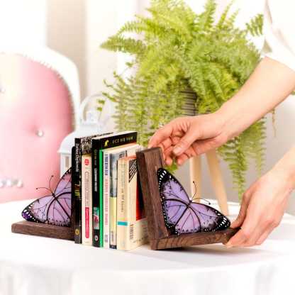 Lavender Monarch Butterfly Stained Glass Bookend: Oak Bookshelf Decor