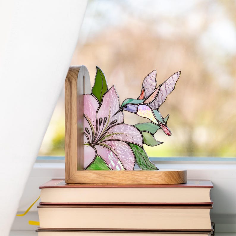 Hummingbird Stained Glass Bookends, Bird Ornament Shelf Decor