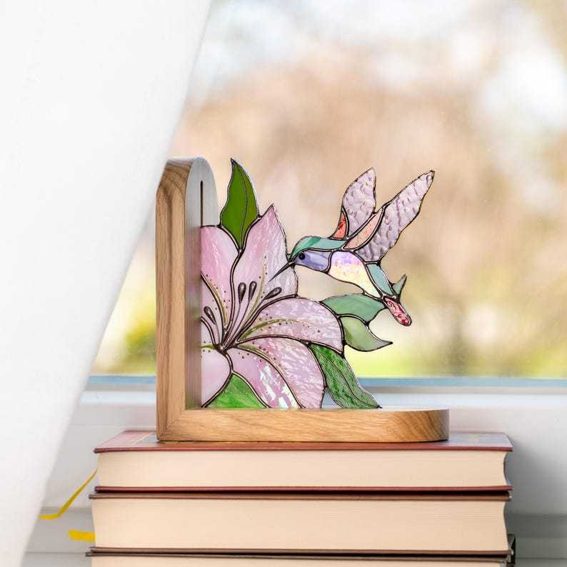 Hummingbird Stained Glass Bookends, Bird Ornament Shelf Decor