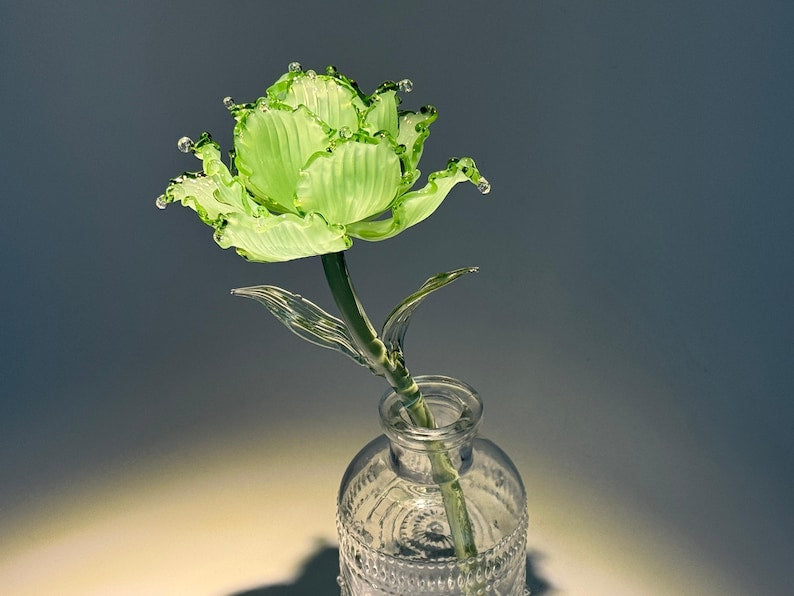 Green Ruffle Glass Flower Sculpture, Emerald Bloom Botanical Decor