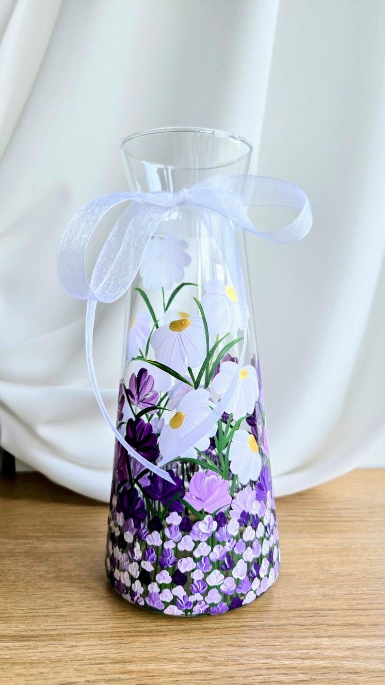 Hand Painted Vase: Pink Flower Glass Vase, Floral Art