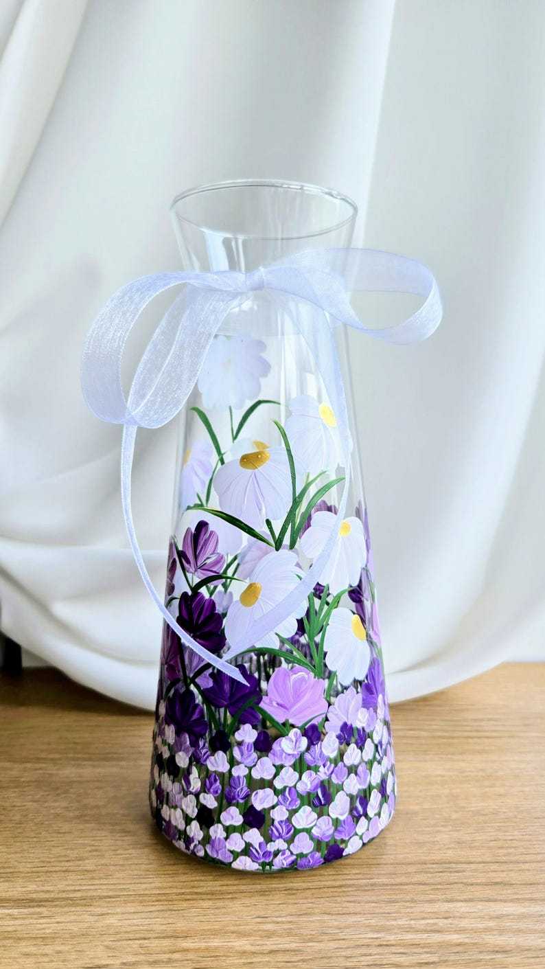 Hand Painted Vase: Pink Flower Glass Vase, Floral Art