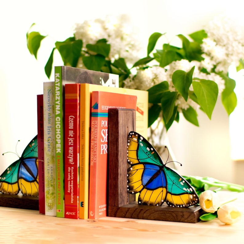 Stained Glass Euphaedra Butterfly Bookends, Oak Wood Shelf Decor