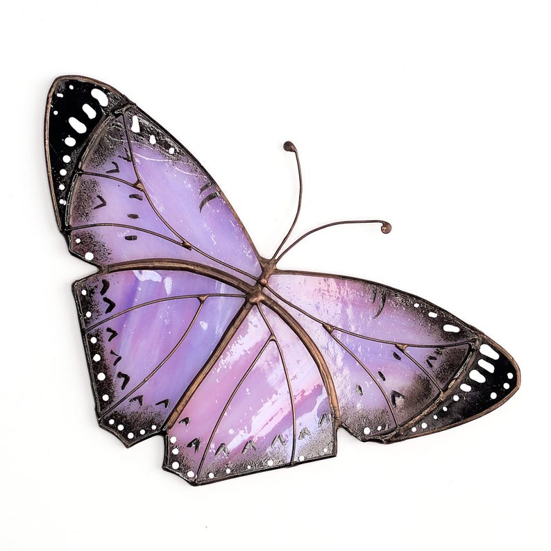 Lavender Monarch Butterfly Stained Glass Bookend: Oak Bookshelf Decor