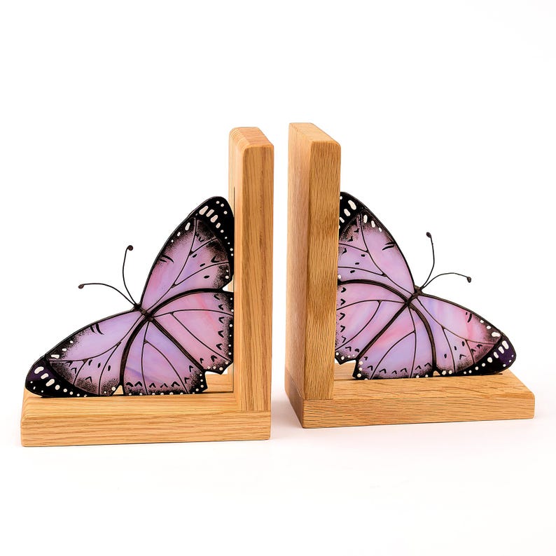 Lavender Monarch Butterfly Stained Glass Bookend: Oak Bookshelf Decor
