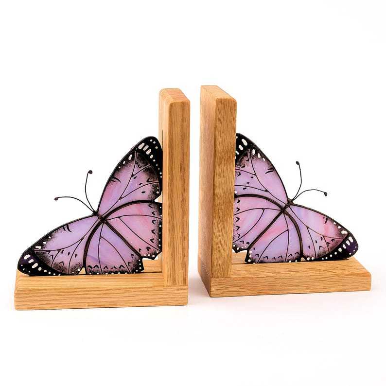 Lavender Monarch Butterfly Stained Glass Bookend: Oak Bookshelf Decor