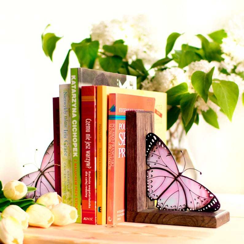 Lavender Monarch Butterfly Stained Glass Bookend: Oak Bookshelf Decor