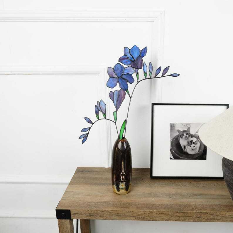 Stained Glass Freesia Flower Bouquet, Copper Floral Home Decor