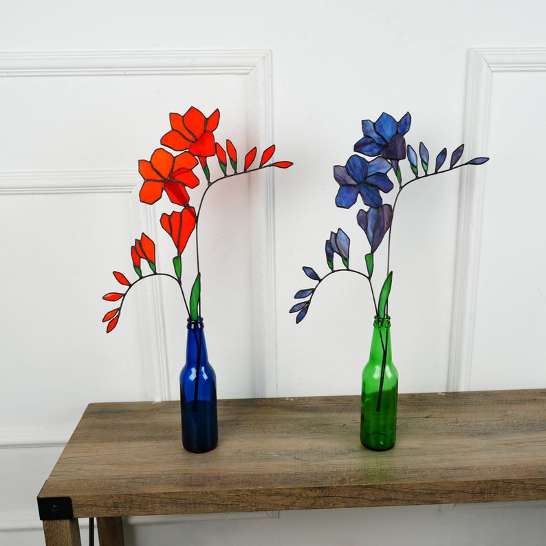 Stained Glass Freesia Flower Bouquet, Copper Floral Home Decor