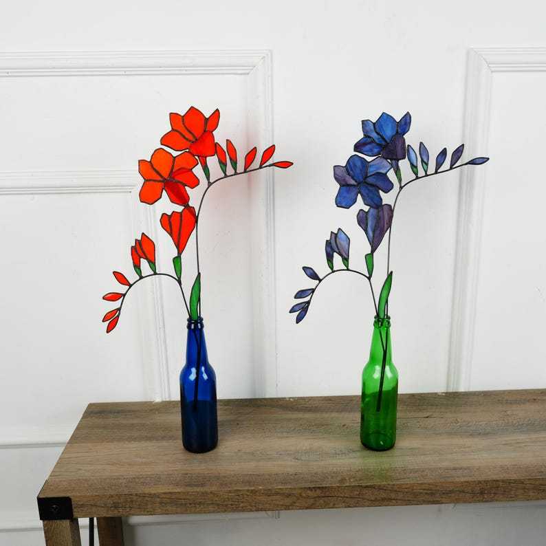 Stained Glass Freesia Flower Bouquet, Copper Floral Home Decor