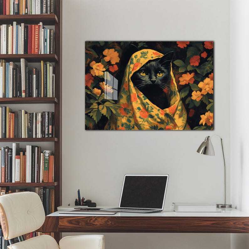 Black Cat Tempered Glass Wall Art: Whimsical Floral Folk Art