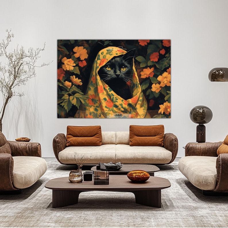 Black Cat Tempered Glass Wall Art: Whimsical Floral Folk Art