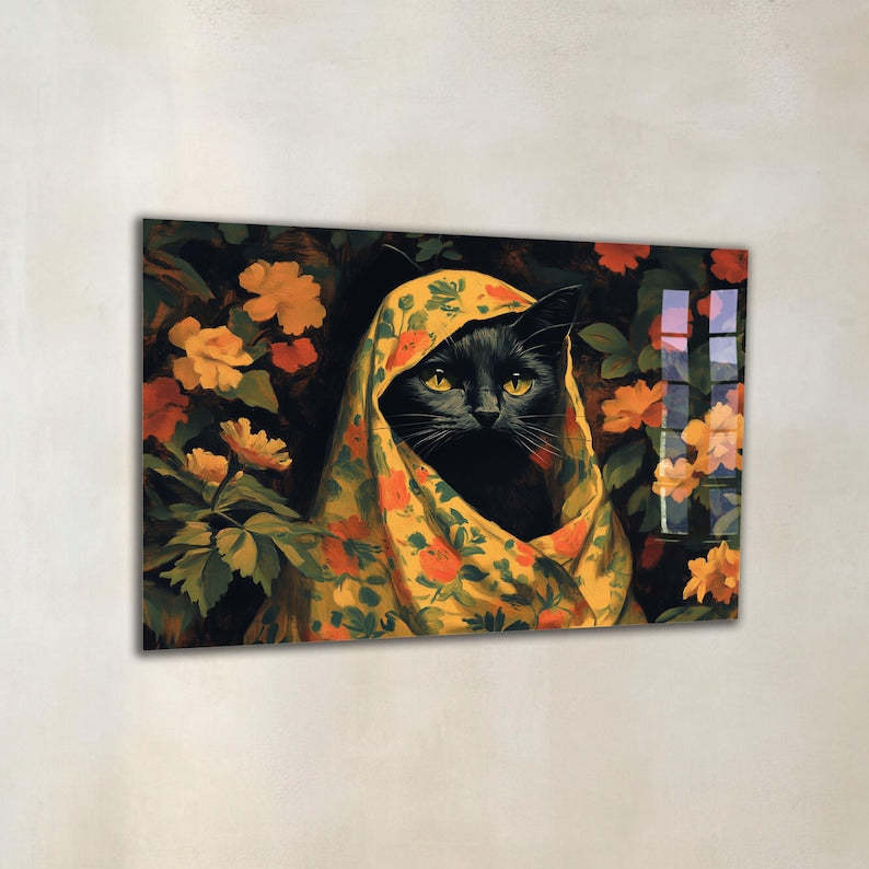 Black Cat Tempered Glass Wall Art: Whimsical Floral Folk Art