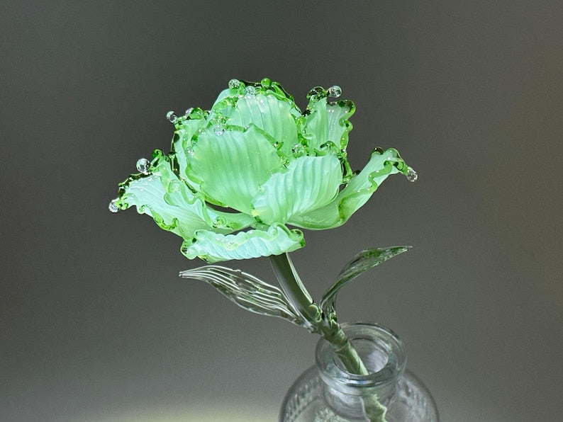 Green Ruffle Glass Flower Sculpture, Emerald Bloom Botanical Decor