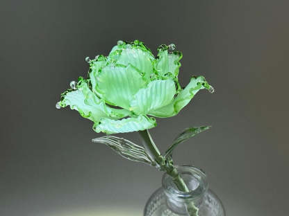 Green Ruffle Glass Flower Sculpture, Emerald Bloom Botanical Decor