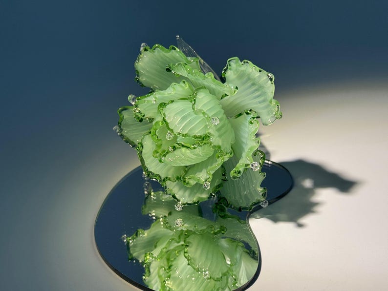 Green Ruffle Glass Flower Sculpture, Emerald Bloom Botanical Decor