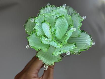 Green Ruffle Glass Flower Sculpture, Emerald Bloom Botanical Decor