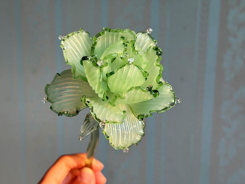 Green Ruffle Glass Flower Sculpture, Emerald Bloom Botanical Decor