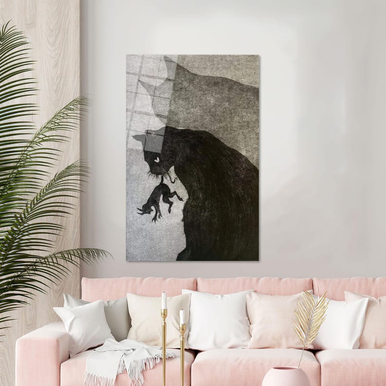 Cat and Mouse Tempered Glass Art: Whimsical Animal Wall Decor