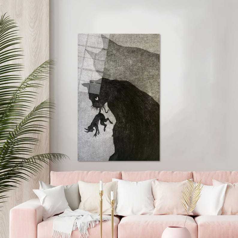 Cat and Mouse Tempered Glass Art: Whimsical Animal Wall Decor