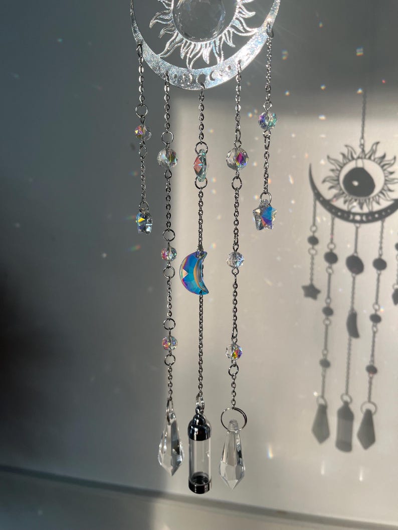 Crystal Suncatcher Silver Urn Memorial Rainbow Moon Star Keepsake