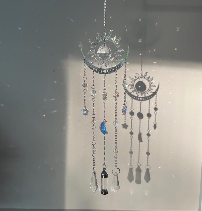 Crystal Suncatcher Silver Urn Memorial Rainbow Moon Star Keepsake