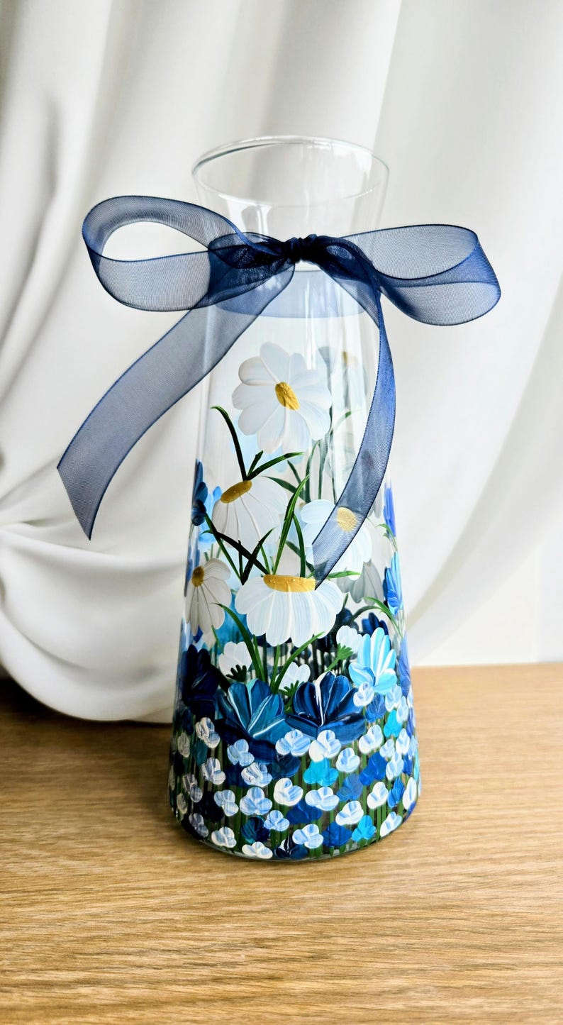 Hand Painted Vase: Pink Flower Glass Vase, Floral Art