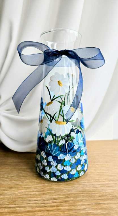 Hand Painted Vase: Pink Flower Glass Vase, Floral Art