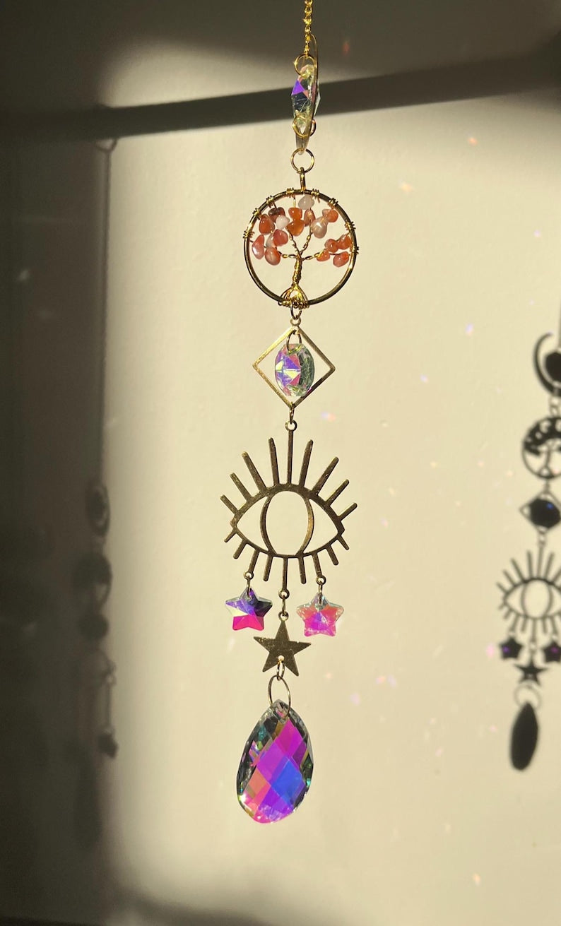 Retro Tree of Life Suncatcher Crystal Chips Handmade Rainbow Maker Window Hanging Home Decor Gift Summer Light stained glass suncatcher