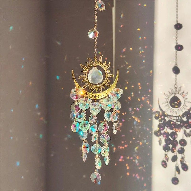 Crystal Suncatcher Amethyst Moon Boho Wall Hanging Housewarming Gift