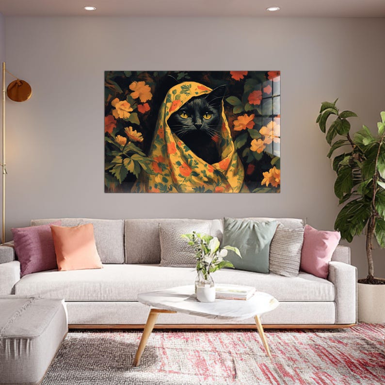Black Cat Tempered Glass Wall Art: Whimsical Floral Folk Art