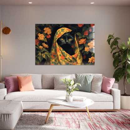 Black Cat Tempered Glass Wall Art: Whimsical Floral Folk Art