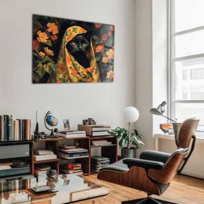 Black Cat Tempered Glass Wall Art: Whimsical Floral Folk Art