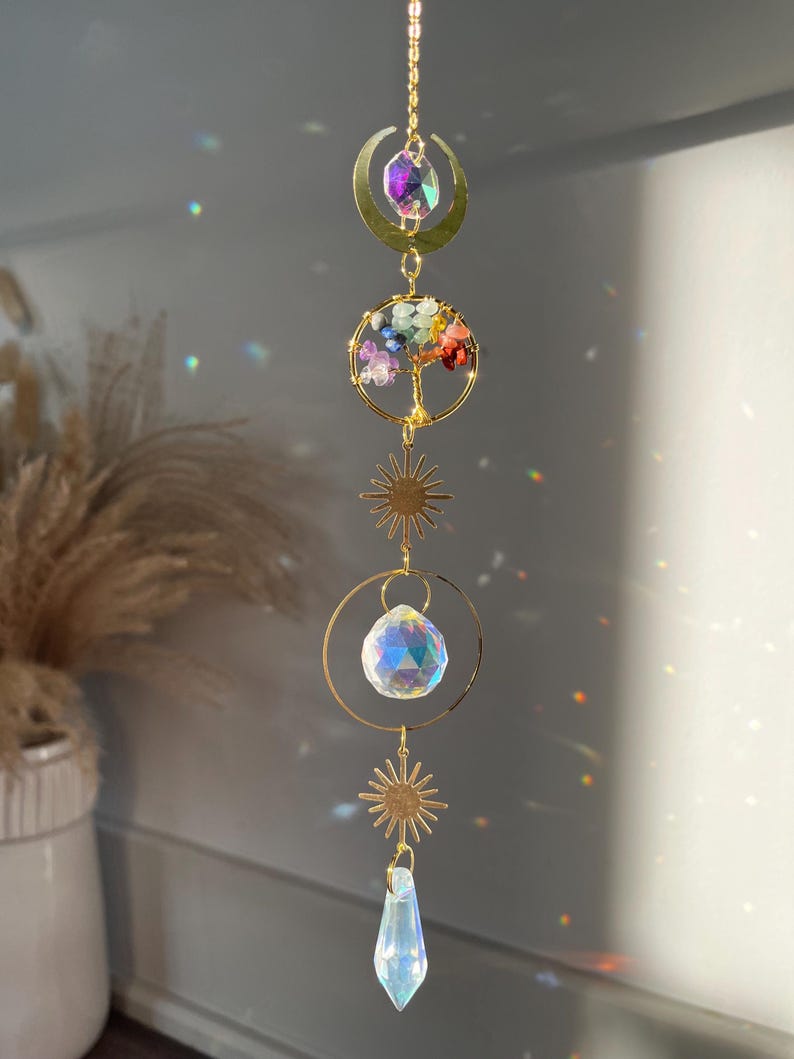 Retro Tree of Life Suncatcher Crystal Chips Handmade Rainbow Maker Window Hanging Home Decor Gift Summer Light stained glass suncatcher