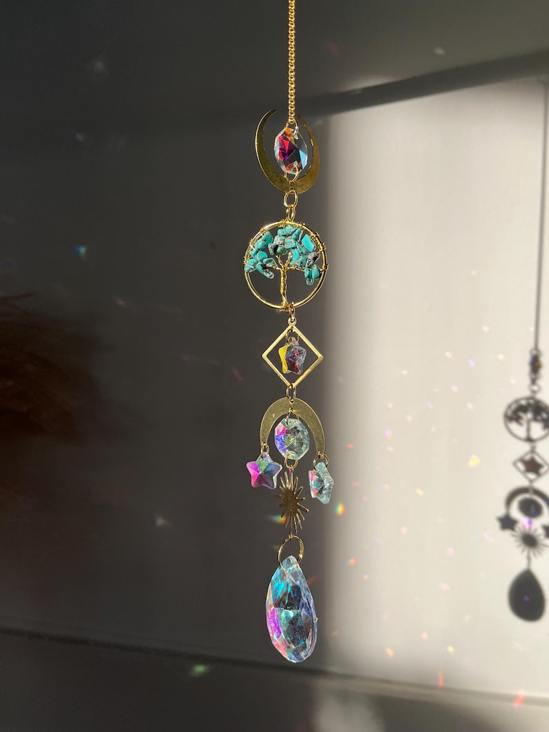 Retro Tree of Life Suncatcher Crystal Chips Handmade Rainbow Maker Window Hanging Home Decor Gift Summer Light stained glass suncatcher