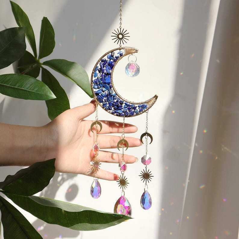 Crystal Suncatcher Moon Hanging Amethyst Rainbow Maker Boho Decor
