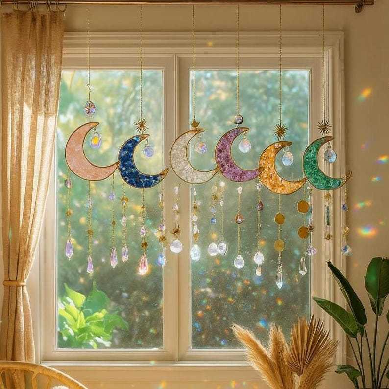 Crystal Suncatcher Moon Hanging Amethyst Rainbow Maker Boho Decor