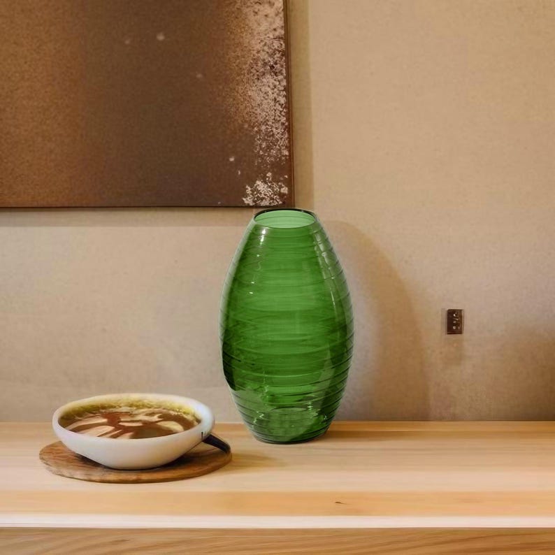 Handblown Green Glass Vase | Ribbed Decorative Vase | Elegant Home Decor | Vases for flowers | Glassware.
