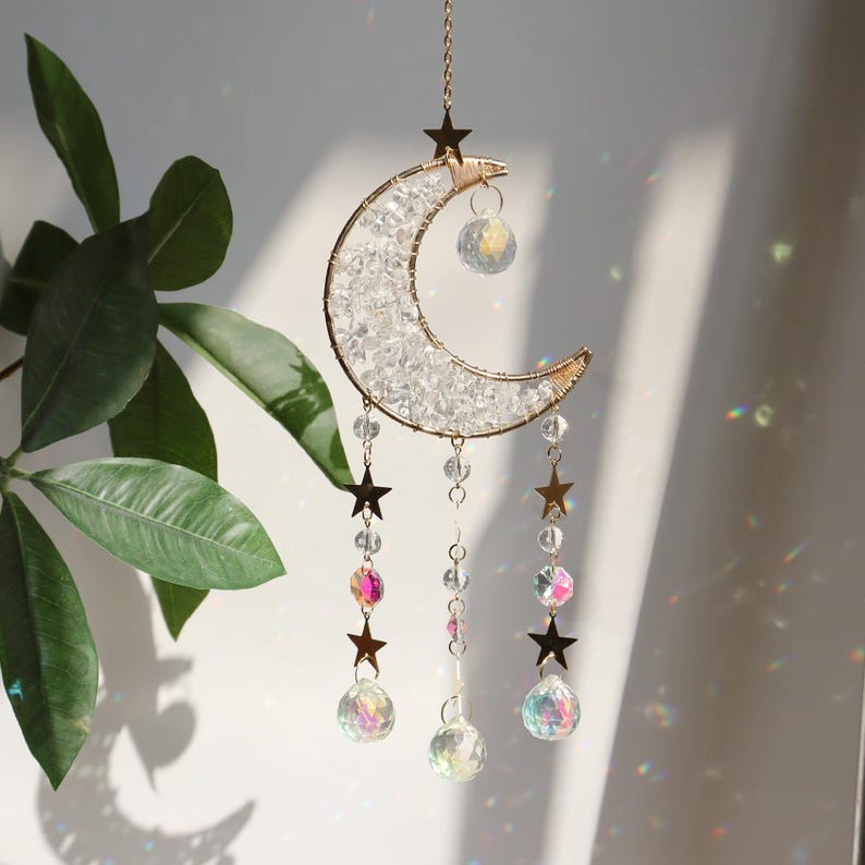 Crystal Suncatcher Moon Hanging Amethyst Rainbow Maker Boho Decor