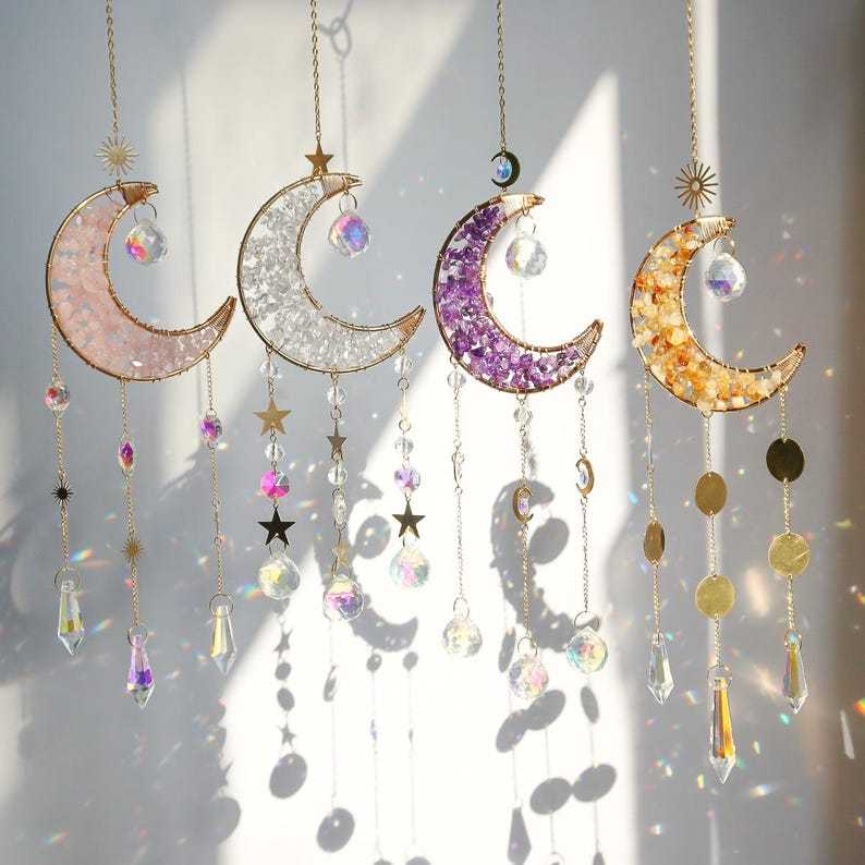 Crystal Suncatcher Moon Hanging Amethyst Rainbow Maker Boho Decor