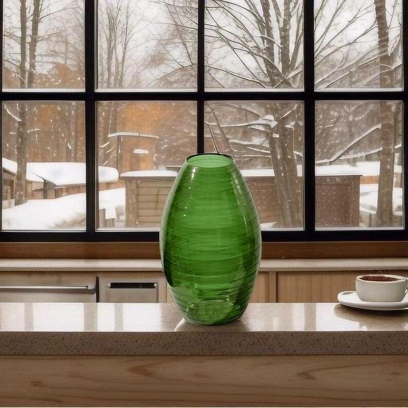 Handblown Green Glass Vase | Ribbed Decorative Vase | Elegant Home Decor | Vases for flowers | Glassware.