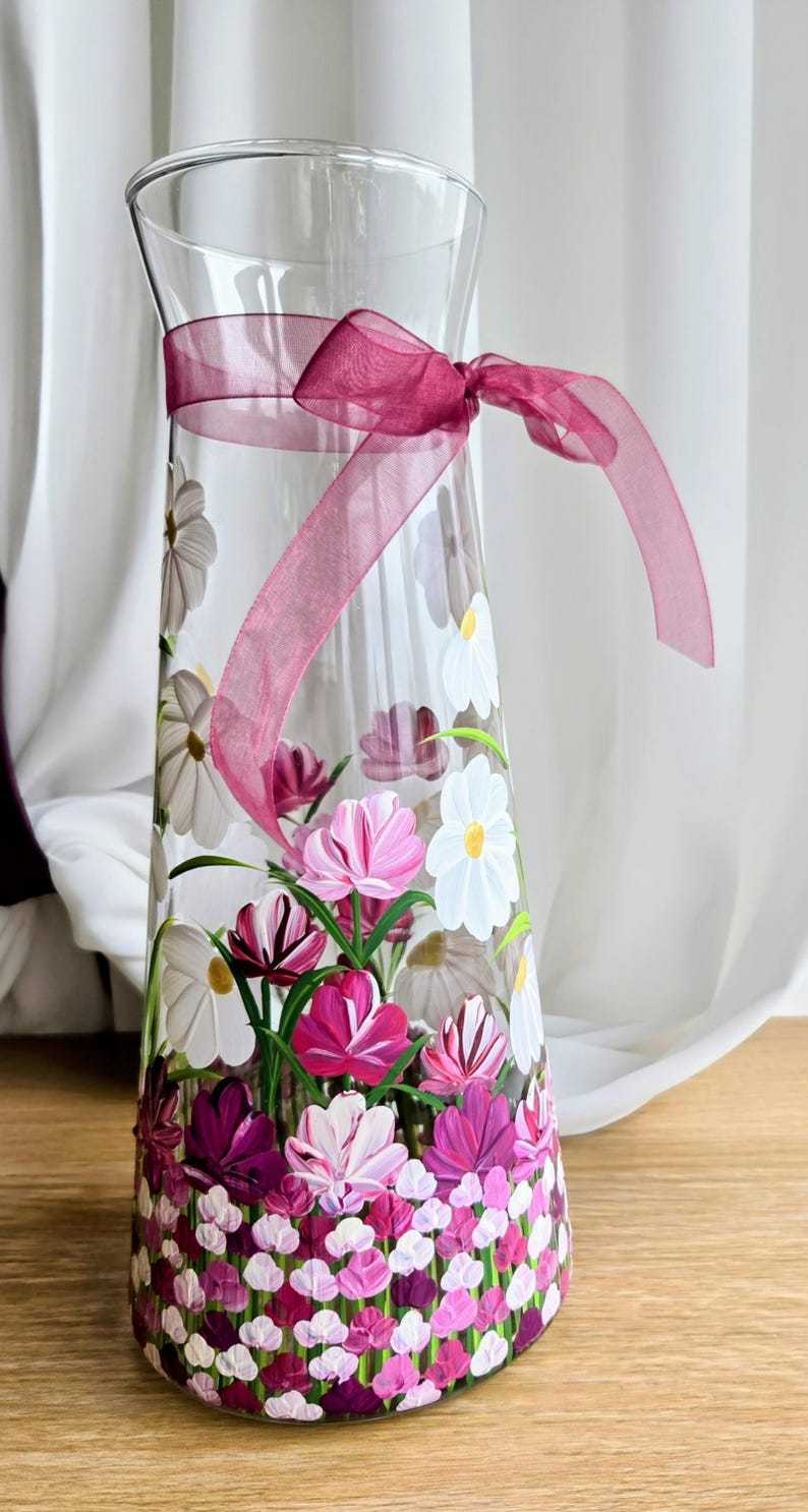 Hand Painted Vase: Pink Flower Glass Vase, Floral Art