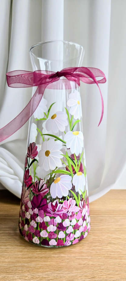 Hand Painted Vase: Pink Flower Glass Vase, Floral Art