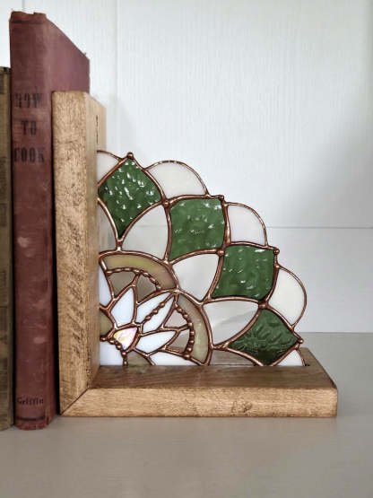 Stained Glass Mandala Bookends, Maple Wood Boho Shelf Decor