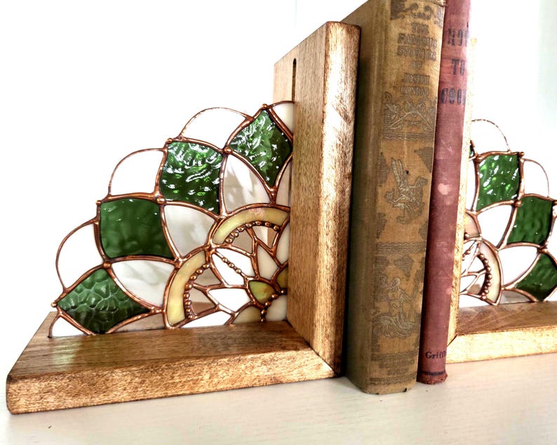Stained Glass Mandala Bookends, Maple Wood Boho Shelf Decor