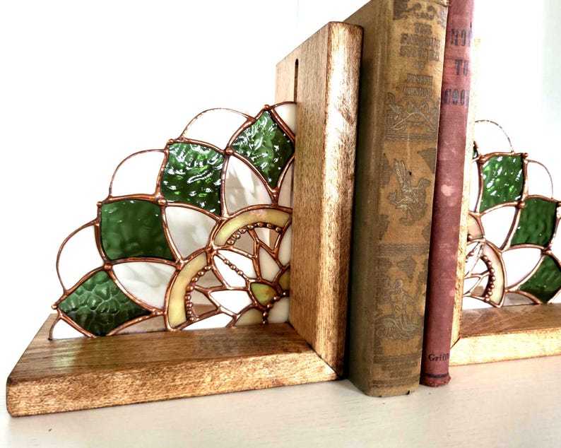 Stained Glass Mandala Bookends, Maple Wood Boho Shelf Decor