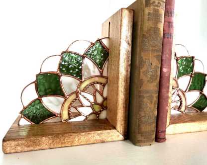 Stained Glass Mandala Bookends, Maple Wood Boho Shelf Decor