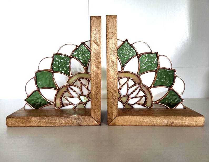 Stained Glass Mandala Bookends, Maple Wood Boho Shelf Decor