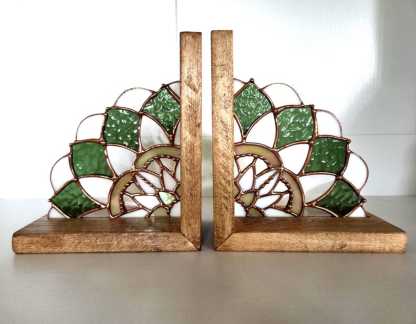 Stained Glass Mandala Bookends, Maple Wood Boho Shelf Decor
