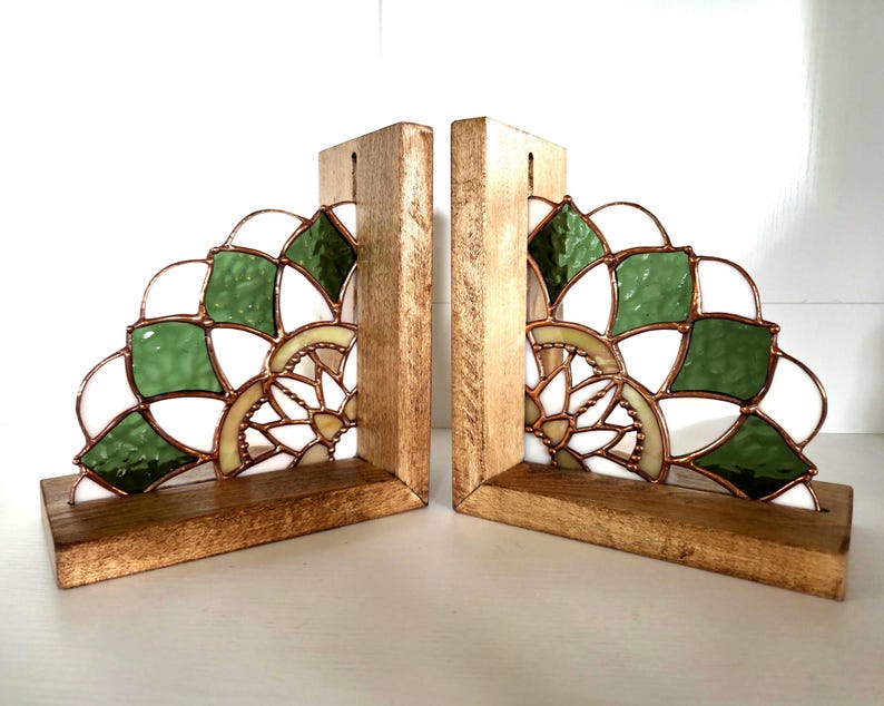 Stained Glass Mandala Bookends, Maple Wood Boho Shelf Decor